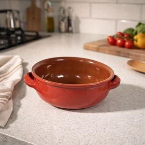 Vintage Mid Century Modern Red Orange Dual Handle Serving Bowl